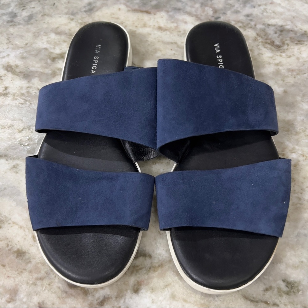 Via Spiga Navy Blue Suede Leather Double Strap Slide Sandals Size 6